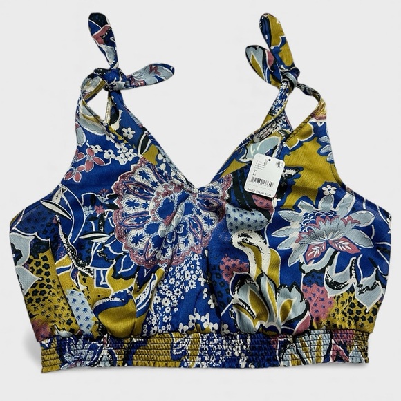 Free People Crop Top Large Blue Gold Weekend In Montauk Floral Smocked NWT - Picture 7 of 14